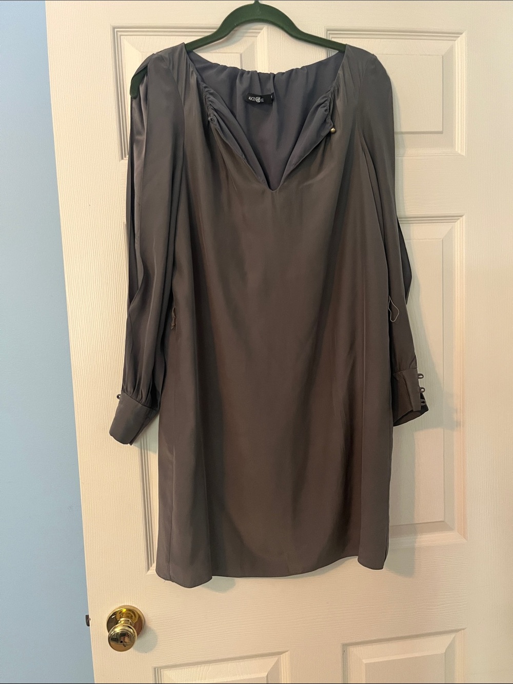 Slate Gray Long Sleeve V-Neck Shift Dress